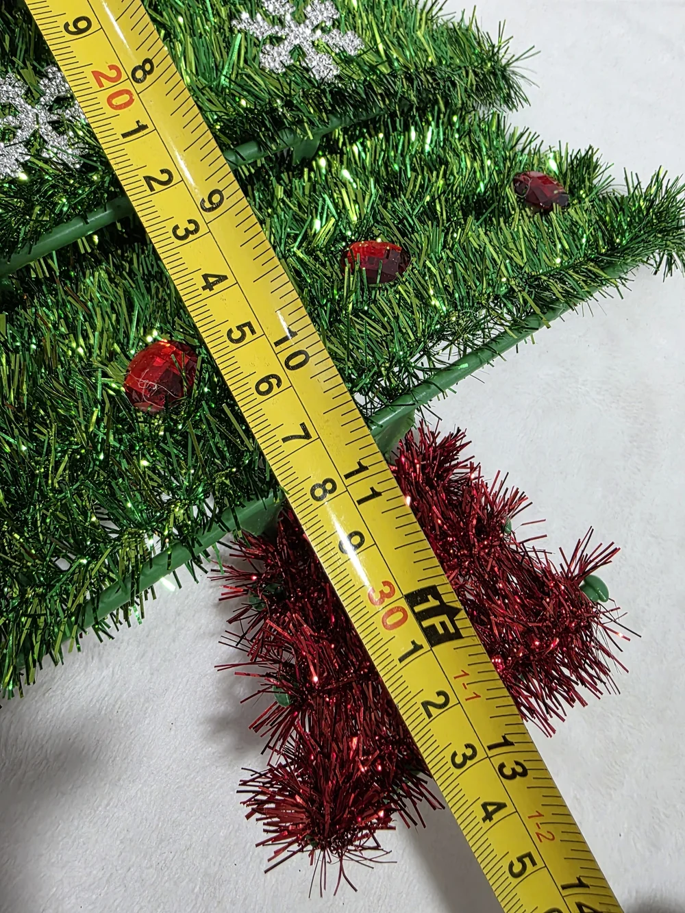 Green Tinsel Wall Hanging Christmas Small Tree with Red Accents 13.5